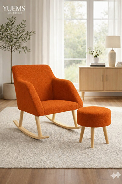 Yuems home Sallanan Ahşap Ayaklı Turuncu Renk Berjer Koltuk Sandalye - Puf He...
