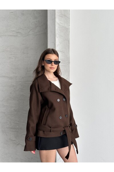 Lovely butik Double-Breasted Stand-Up Collar Short Coat with Belt
