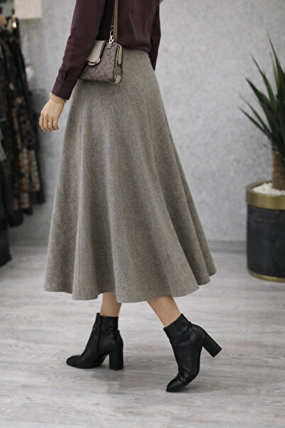 Ultramax Yün Dokulu Yüksek Bel, Cepli, Kloş Tip Dokuma Etek