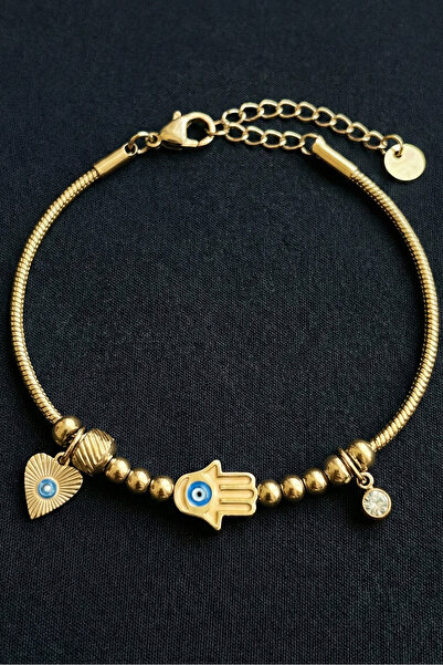 Modacaprea Çelik Nazarlı Hamsa Charmlı Kadın Çelik Bileklik – 17+2 Cm Altın R...