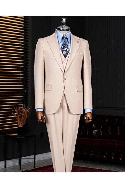 TerziAdemAltun بدلة بنطلون وسترة ضيقة على الطراز الإيطالي باللون البيج T14184