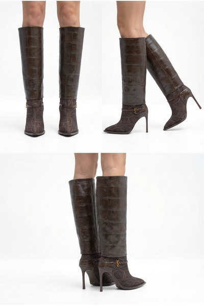 MARY حذاء نسائي طويل بكعب رفيع ونسيج جلد التمساح الفاخر