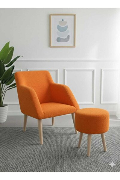 Yuems home Ahşap Ayaklı Turuncu Renkli Teddy Kumaş Berjer Koltuk- Puf Hediyeli