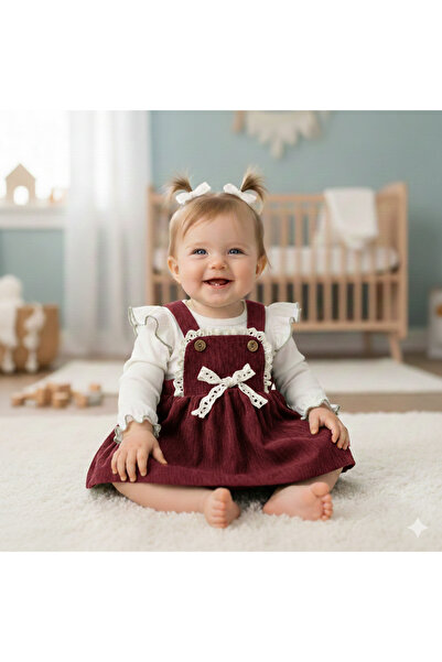 Minim FİYONK DETAYLI FİTİLLİ KADİFE KIZ BEBE ELBİSE