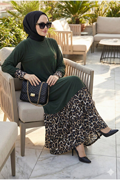 modamira Kadın Haki Yeşil Sandy Boydan Leopar Detaylı Anne Uzun Tarz Davet Öz...