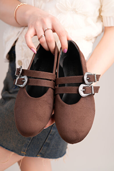 RoseVeno Women's Bitter Brown Suede Buckle Ballerinas