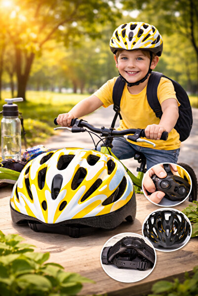 Canland Çocuk Bisiklet Kaskı Sarı Beyaz – Ayarlanabilir, Hafif ve Darbe Emici...