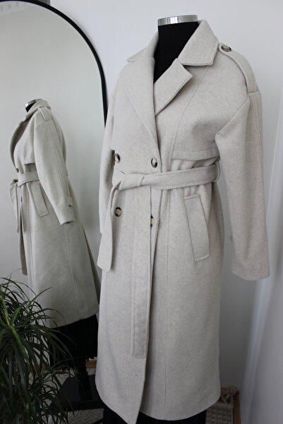 Armine TREND Apolet Detaylı Allerli Astarlı Kuşaklı Kaşe Kaban