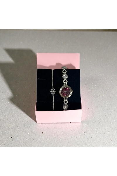 LANURE CO. Bordo Kadranlı Kalp & Parmak İzi Detaylı Gümüş Kordonlu Kadın Saat...