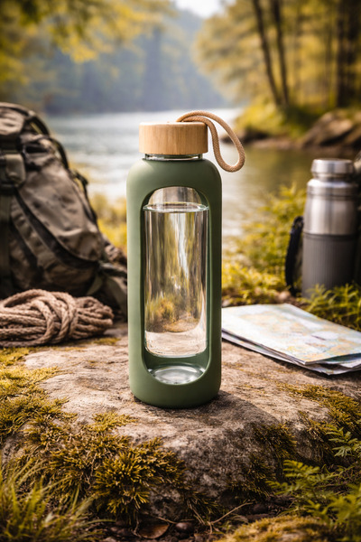 MİMOZA PARK 1 Liter Borosilicate Glass Flask Bamboo Vacuum Lid Water Bottle D...