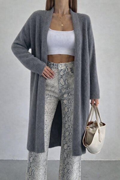 Perry Boutique Women's Oversized Angora Long Knitwear Cardigan Gray