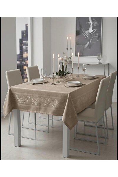 Sfr Home by FİSKOS Panel Olive Leaf Pattern Stone Color Luxury Tablecloth