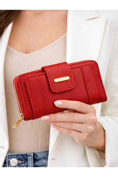 Newish Polo Women's Red Wallet with Leather-Look Zipper Compartments for Card...