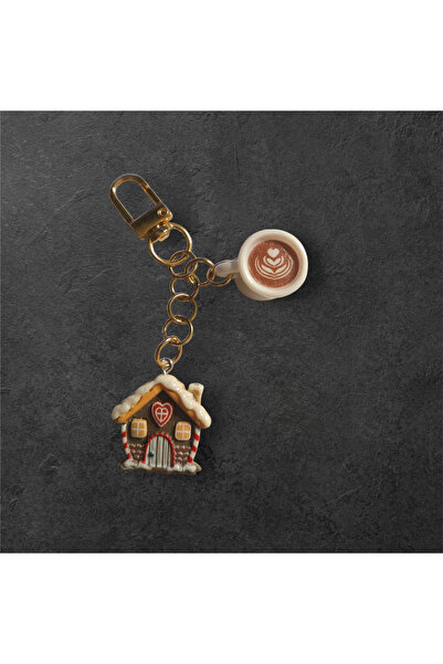 Pawnest Handmade Gold Gingerbread House, 3D Latte Gift Keychain, Coffee, Cook...