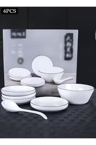 fun zone طقم عشاء أبيض من ست قطع، طبق صلصة، وعاء صلصة سيراميك، تقديم على الطر...