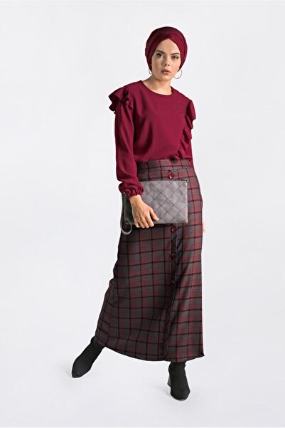 TRENDTESETTÜR Women's Black (Black-Red) Front Buttoned Plaid Skirt 6296