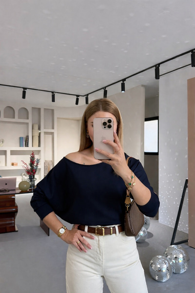 Sezgi Tekin Navy Blue Boat Neck Modal Blouse