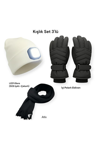 Mustran 3'lü Kış Seti: Kar Kayak Eldiveni + Şarjlı LED Fenerli Bere + Triko A...