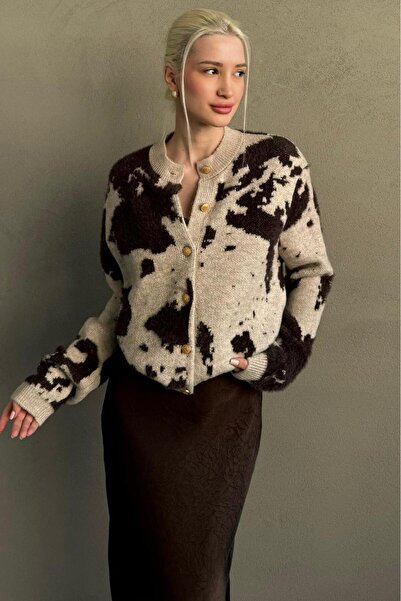 Madmext Beige Crew Neck Patterned Buttoned Women's Knitwear Cardigan Mg2655