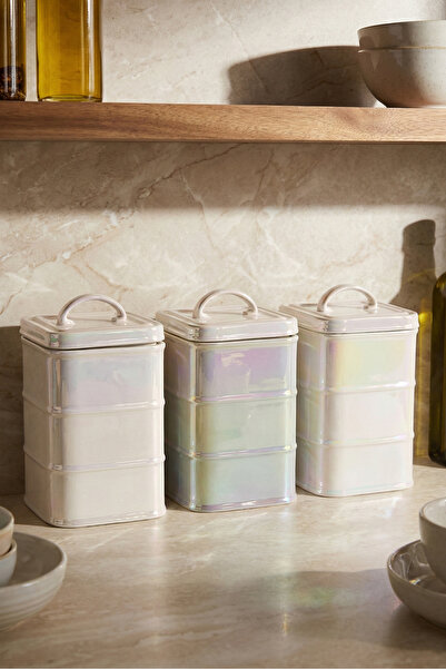 Perotti Bianca Pearl 3'lü Kare Formlu Kavanoz Seti Porselen Kulplu Kapaklı