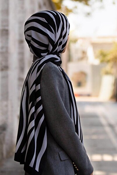 Vissona LÜKS MEDİNE İPEĞİ ZEBRA DESENLİ SİYAH - GRİ RENKLİ 75X195 KIRIŞMAZ ŞA...