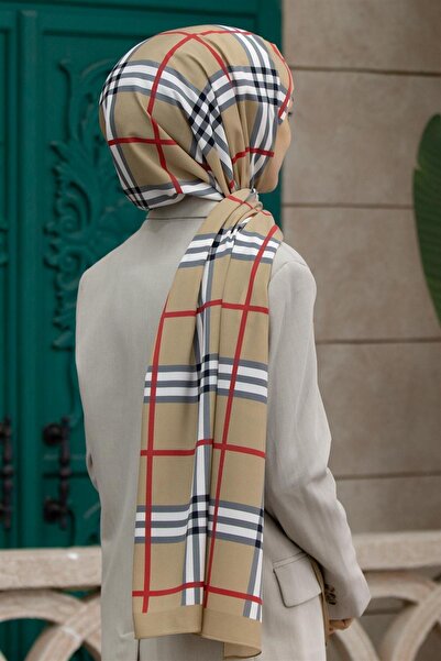 Vissona LÜKS MEDİNE İPEĞİ EKOSE DESENLİ BEJ RENKLİ 75X195 KIRIŞMAZ ŞAL MOSS K...