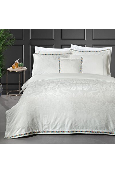 Sarev طقم غطاء لحاف شاكيرا مزدوج 100% قطن ساتان "300 TC" أبيض