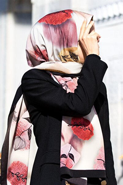 Vissona LÜKS MEDİNE İPEĞİ FIRÇA DOKULU ÇİZGİ ÇİÇEK DESENLİ KREM - KIRMIZI REN...