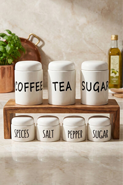 Perotti Francesco 7'li Beyaz Porselen Kapaklı Yuvarlak Formlu Baharatlık Takımı