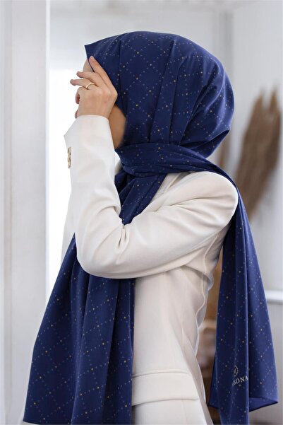 Vissona LÜKS MEDİNE İPEĞİ V DESENLİ LACİVERT RENKLİ 75X195 KIRIŞMAZ ŞAL MOSS ...