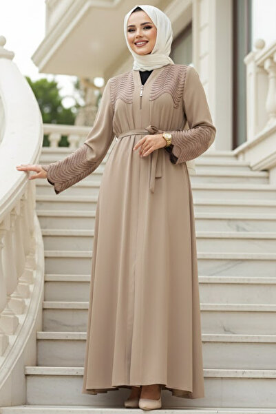 N.S NEVA STYLE Abaya bej cu detalii cu margele 29105BEJ