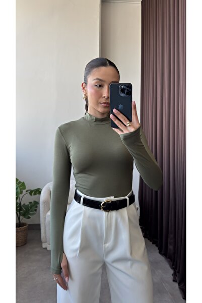 YOUR NAME Bluză pentru femei, kaki, cu detaliu pe degete