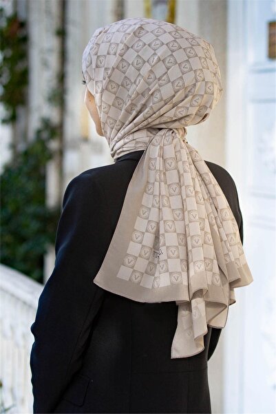 Vissona حرير مديني فاخر - نمط مونوغرام، لون بيج، شال مقاوم للتلطخ مقاس 75 × 1...