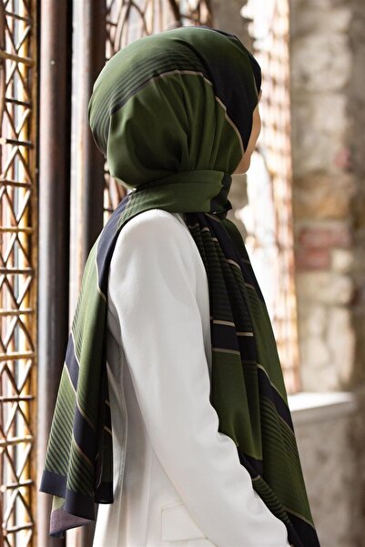 Vissona LÜKS MEDİNE İPEĞİ ÇAPRAZ ÇİZGİLİ DESENLİ SİYAH - HAKİ RENKLİ 75X195 K...