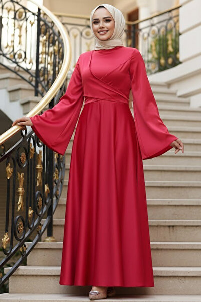 N.S NEVA STYLE Κόκκινο σατέν μαντίλι βραδινό φόρεμα 6157K