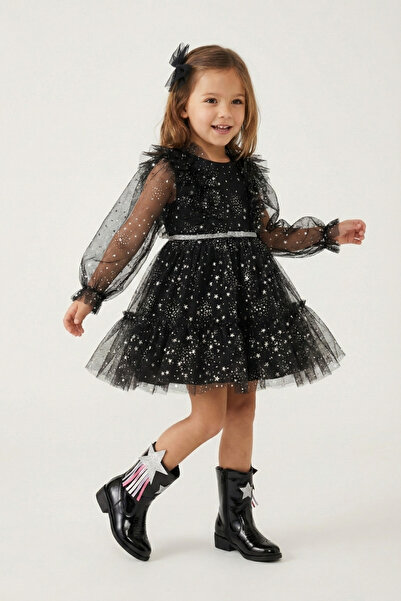 Le Mabelle Siyah Omzu Fırfır Detaylı Yıldızlı Kız Çocuk Elbise - Stella