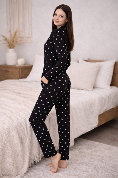 Işılay Black 100% Cotton Women's Pajama Set – Breathable, Long Sleeve Comfort...