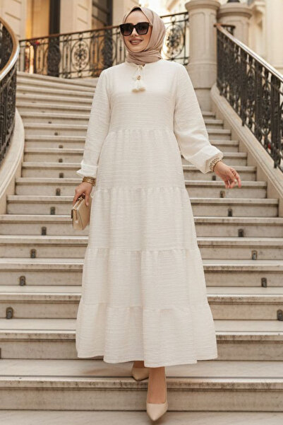 N.S NEVA STYLE Kat Piliseli Krem Tesettür Elbise 19046KR