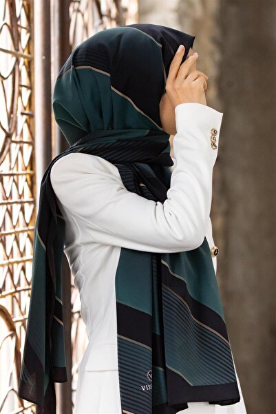 Vissona LÜKS MEDİNE İPEĞİ ÇAPRAZ ÇİZGİLİ DESENLİ SİYAH - PETROL YEŞİLİ RENKLİ...