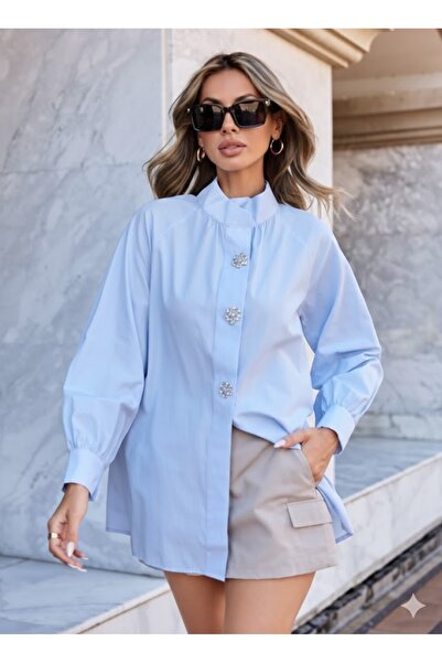 Amorti Γυναικείο μπλε βαμβακερό πουκάμισο με λεπτομέρεια με μαργαριταρένια κο...