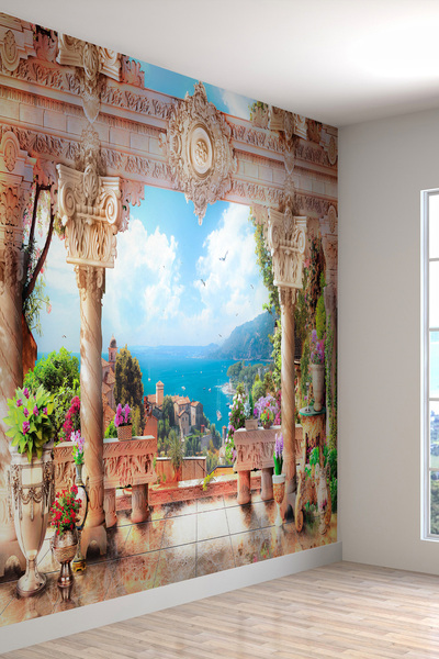 dreamwall Şehir Ve Deniz Manzaralı Teras Desenli Sağlıklı Tekstil Duvar Kağıdı