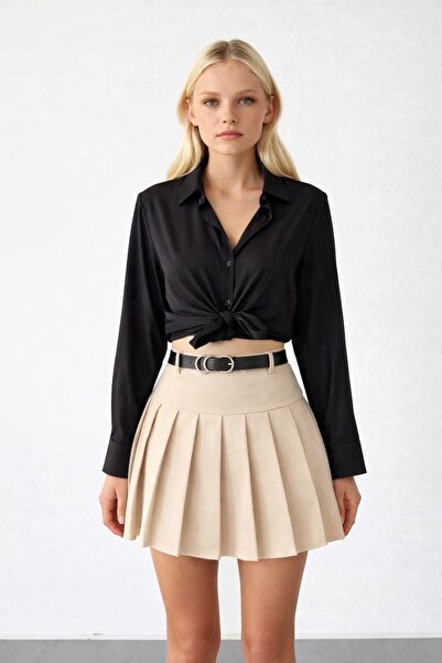 İLKCET MODA Curea plisată crem pentru femei, cu detalii fustă pantalon scurtă