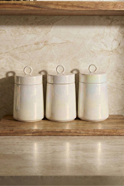 Perotti Luca Luster 3'lü Ergonomik Yuvarlak Kapaklı Porselen Sedefli Kavanoz ...