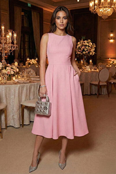 Lela Велосипедний комір, прямий крій, з кишенями, плісирована сукня середньої...