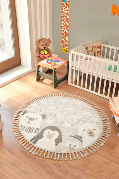 Konfor Halı Bercario Kids 9271 Yıldızlı Hayvan Figürlü Yuvarlak Dokuma Çocuk ...