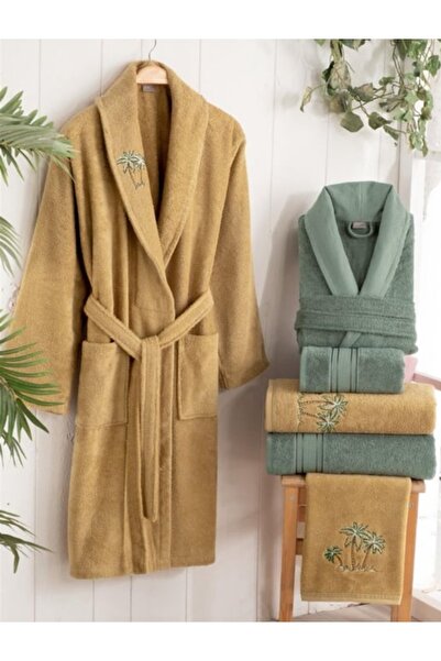 Sarev %100 Pamuk Hardal Sarısı Aile Bornoz Seti