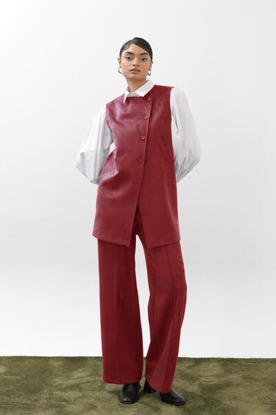 Puane Γυναικείο Ασύμμετρο Σετ Γιλέκο από Καστόρι - 14395TKM - ΜΠΟΥΡΓΚΟΝΤΙ