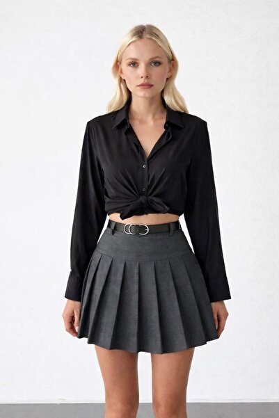 İLKCET MODA Curea plisată afumată pentru femei, cu detaliu fustă pantalon scurtă