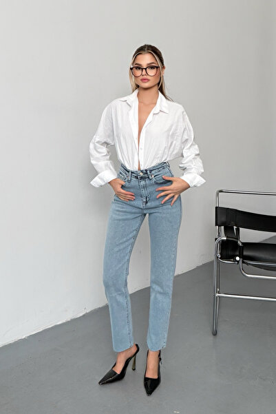 GİYSA Blugi pentru femei cu talie normală Mom Fit Ice Blue - 2602