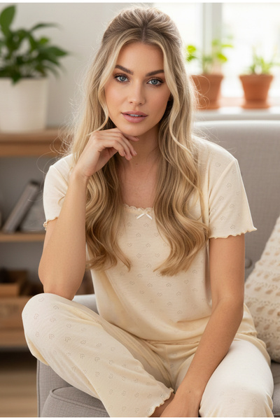 Siyah İnci بدلة بيجامة محبوكة مخرمة/مثقوبة بلون كريمي 7893